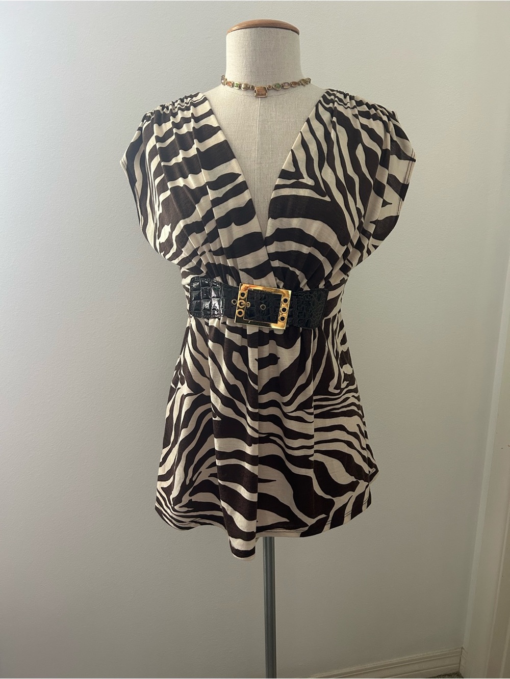Vintage FOREVER Y2K Babydoll Zebra Print Belted Chic top Tie-back Sz L Made USA